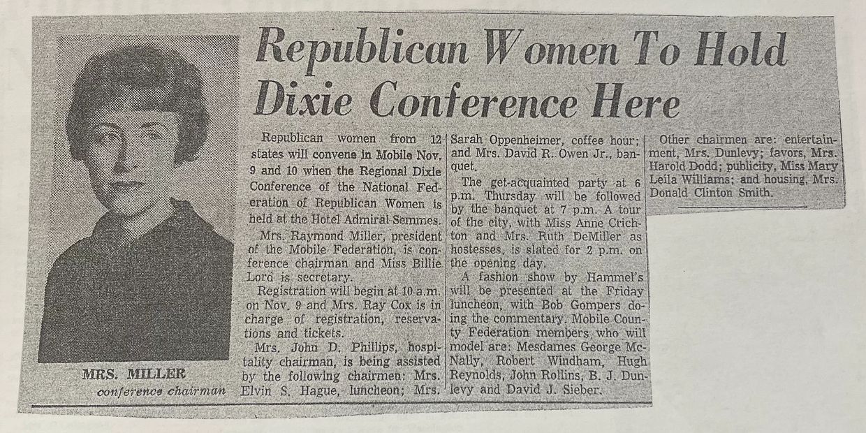 Newspaper clipping on Republican Women's Dixie Conference led by Mrs. Miller.