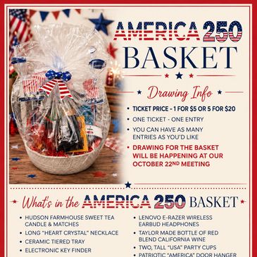 America 250 Basket raffle flyer with ticket details and prize info.