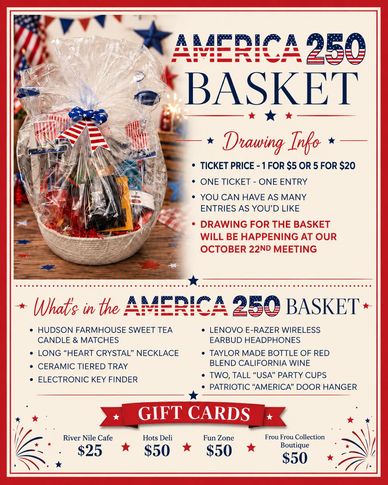 America 250 Basket drawing info and contents with gift card values.