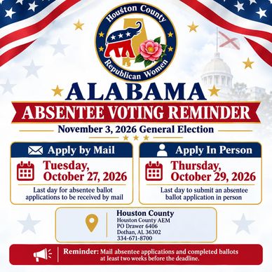 Alabama absentee voting reminder for 2026 general election.