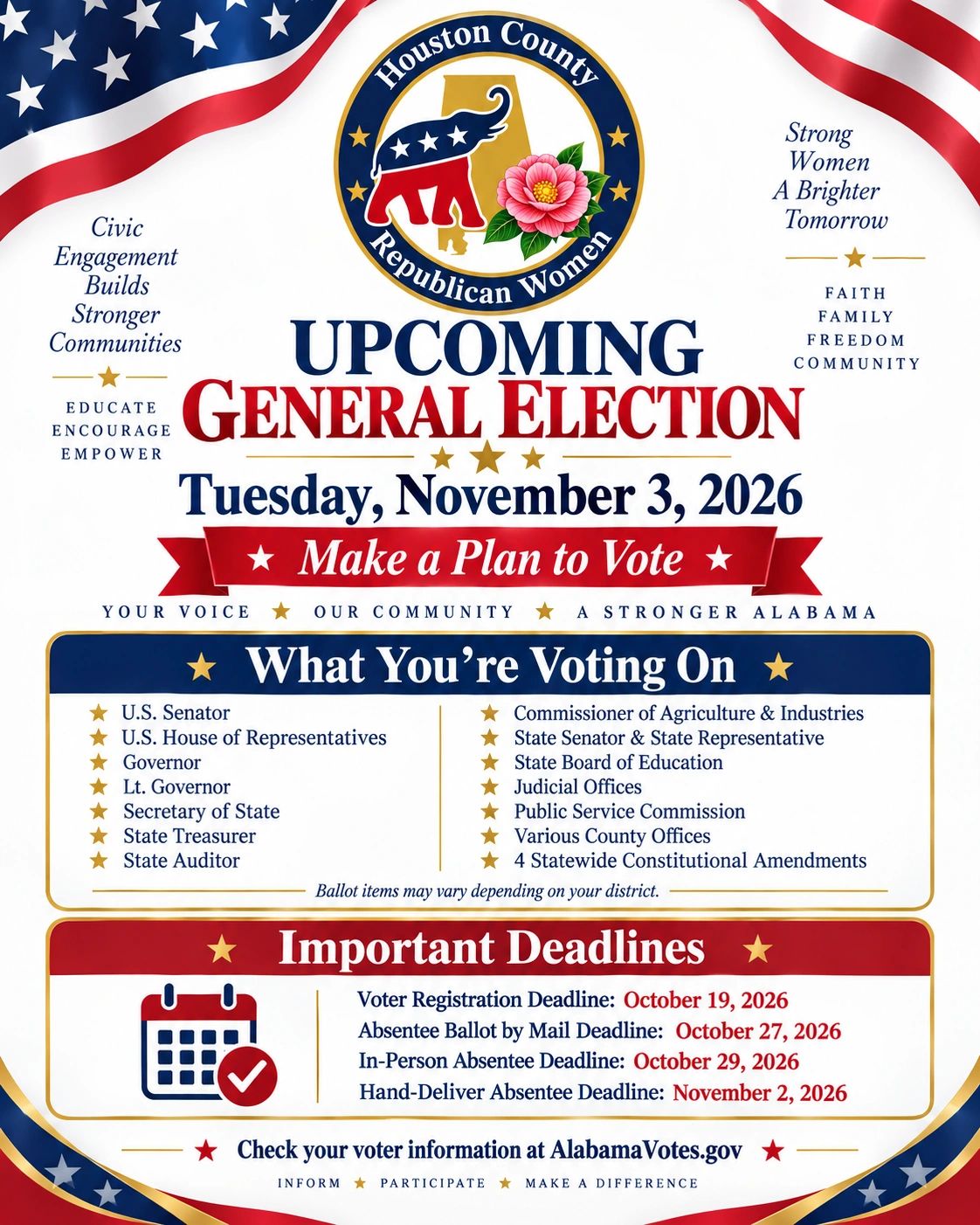 Houston County Republican Women flyer about the 2026 general election and voting deadlines.