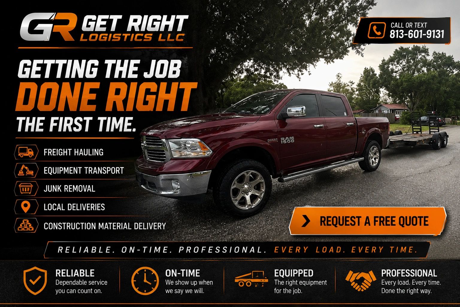 Get Right Logistics LLC promotional banner featuring our Ram truck, equipment trailer, freight hauli