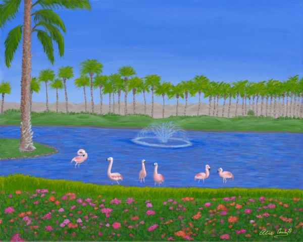 “Desert Flamingos” was inspired by a trip to Palm Springs.