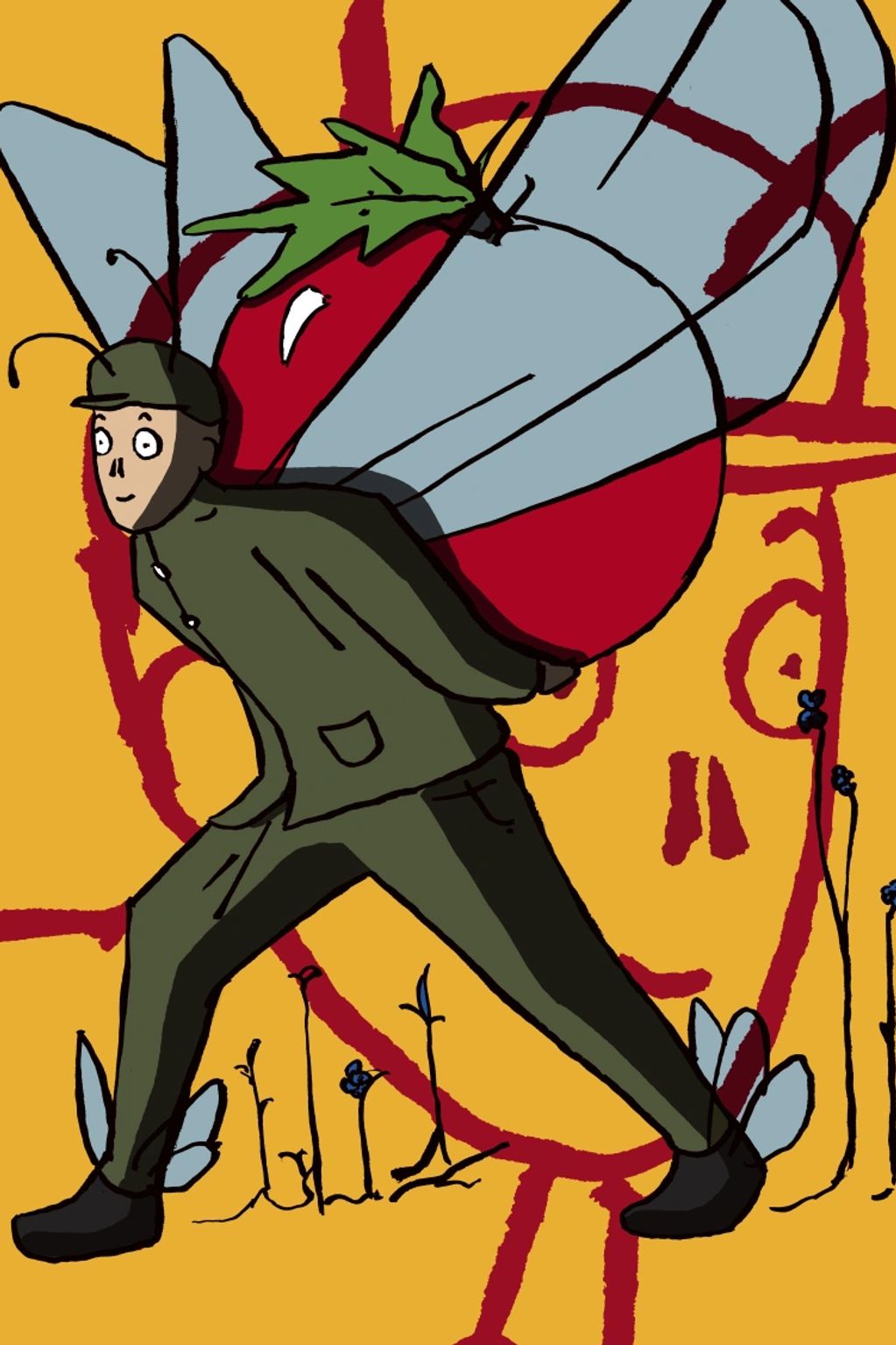 Illustration d'un homme papillonqui tient une tomate. Affiche de propagande
Papillonie BD