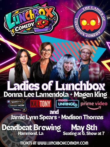 Promotional poster for Ladies of Lunchbox comedy show featuring female comedians at Deadbeat Brewing.
