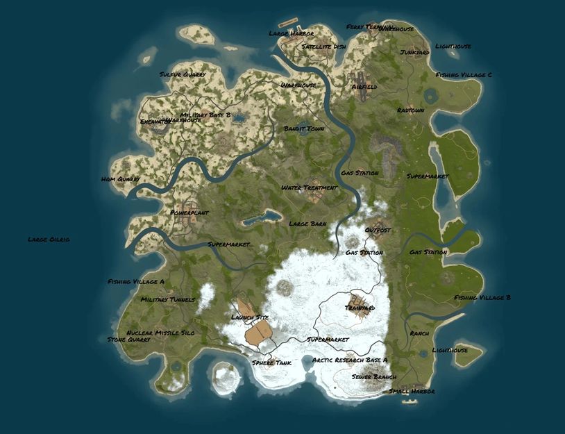 Topographic game map featuring diverse landmarks and terrain types.