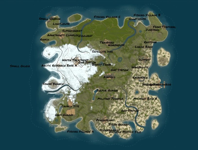 Map showing diverse terrain with labeled locations.