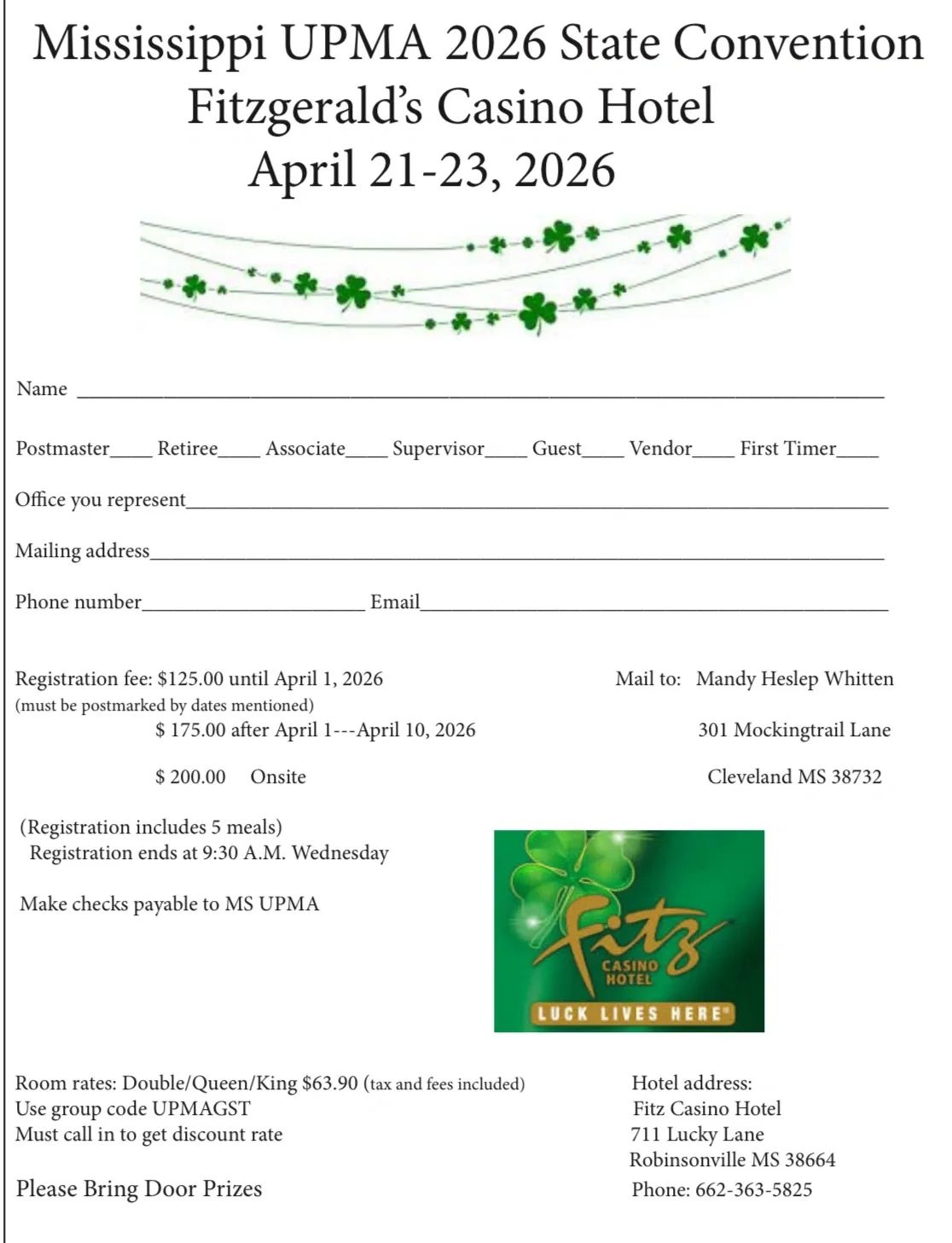 Flyer for Mississippi UPMA 2026 State Convention at Fitzgerald's Casino Hotel in April 2026.