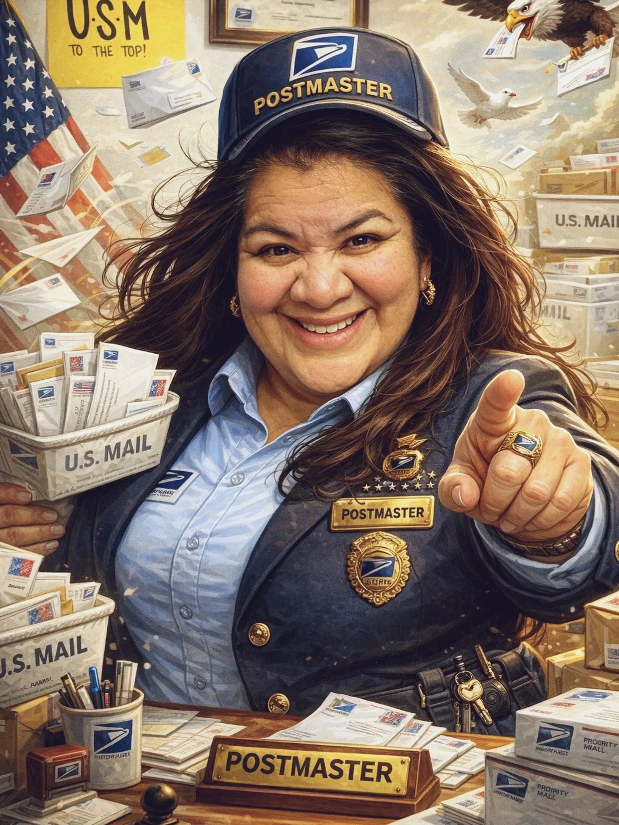 Smiling postmaster pointing forward, surrounded by U.S. Mail letters and patriotic imagery.