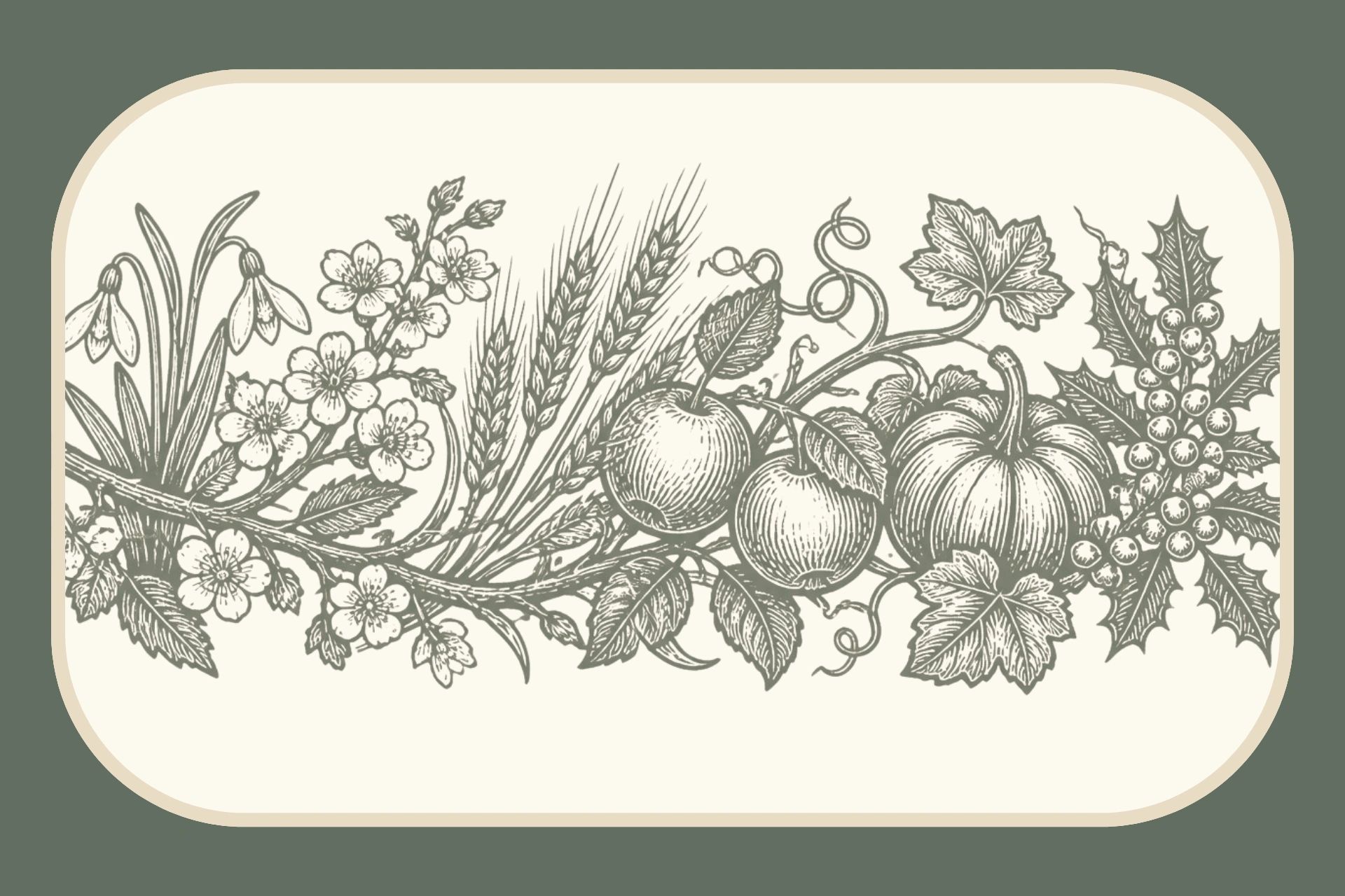 Linocut garland of the pagan Wheel of the Year, snowdrops through holly, the seasons of the eight sa