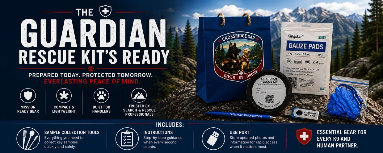 Guardian Rescue Kit with essential gear for K9 and handlers, ready for mission use.