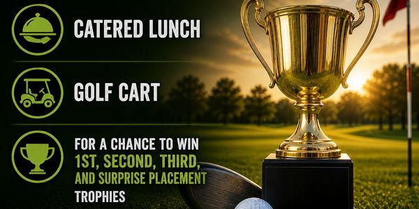 Golf tournament offers catered lunch, golf cart, and trophies for winners.