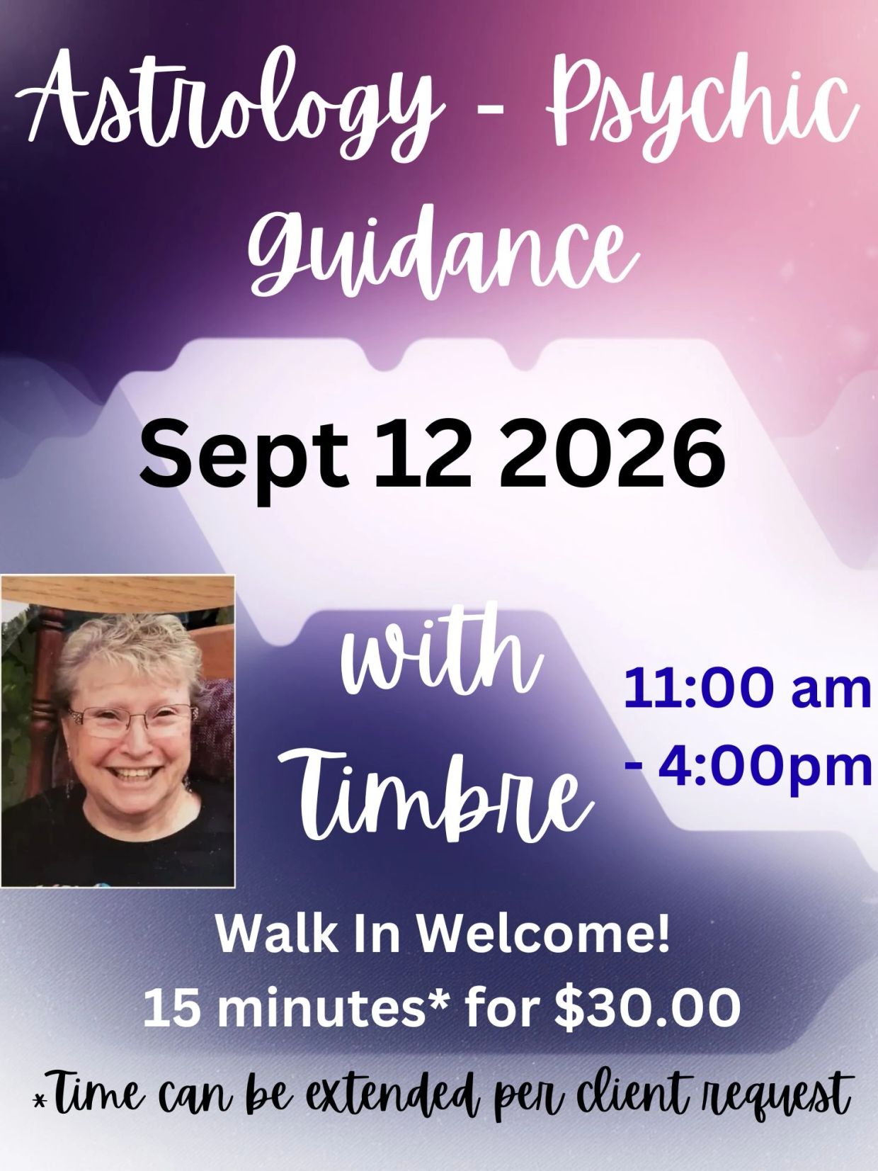 Astrology and psychic guidance session on Sept 12, 2026, with Timbre.