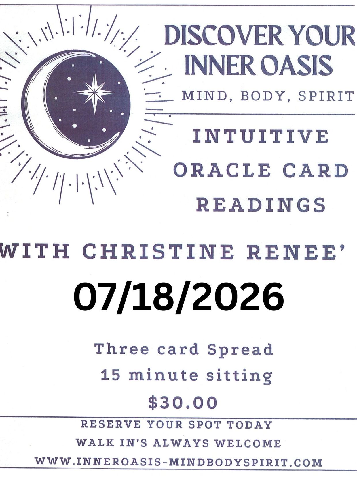 Flyer for intuitive oracle card readings by Christine Renee on 07/18/2026.