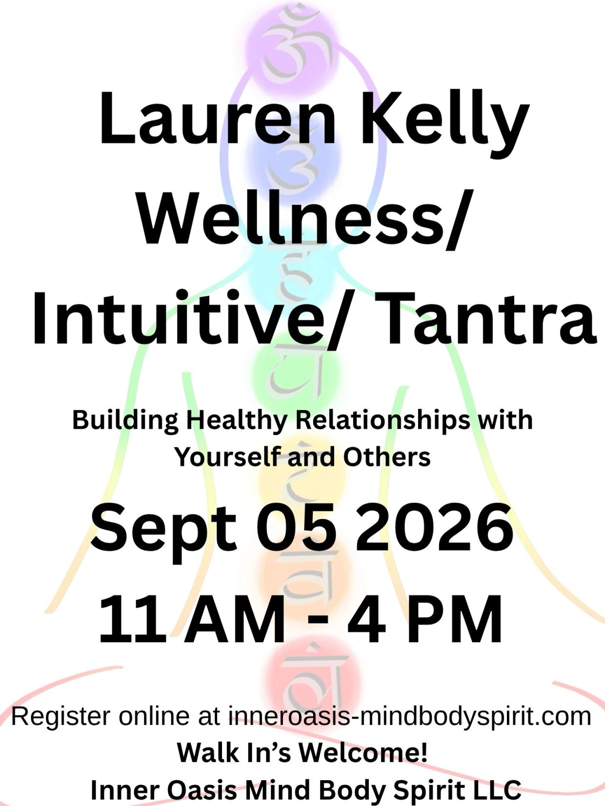 Event poster for Lauren Kelly Wellness Intuitive Tantra workshop.