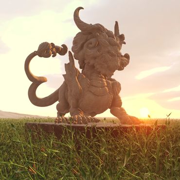 A statue of an Eastern-style dragon in a vast field of grass at sunset.