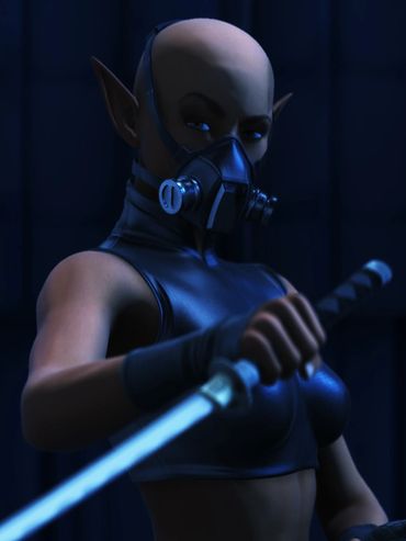 A female elven warrior wearing a half mask, and holding a katana sword. She stares intensely at you.