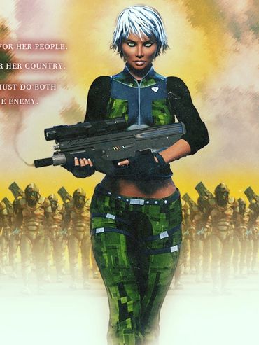 A female soldier walks forward holding a smoking assault rifle with a large army behind her.