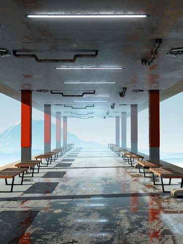 A first-person view of a smooth cement platform looking out towards a mountain range at midday.