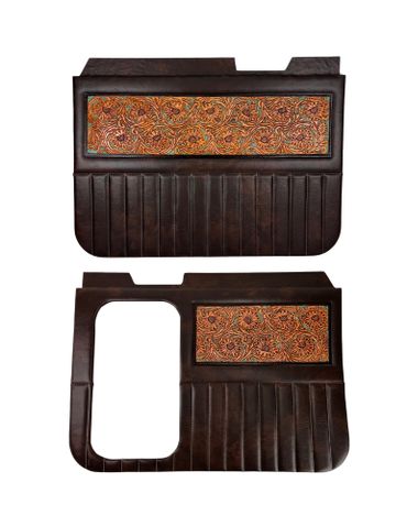 Peterbilt 389 custom door panels.  Rawhide buckskin with tooled inserts