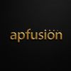 Golden text logo 'apfusion' on black textured background.