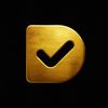 Golden checkmark cutout on a metallic D-shaped plaque against black.
