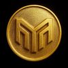 Shiny gold coin with a stylized M emblem on a black background.