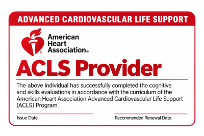 ACLS Provider certification card from American Heart Association.