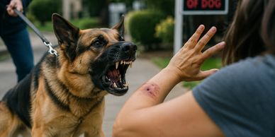 Aggressive dog lunges at a person with a bite wound on their arm.