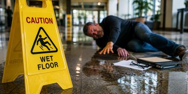 Man slipped on wet floor next to caution sign.