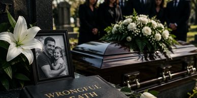 Funeral scene with a photo of a man and child.