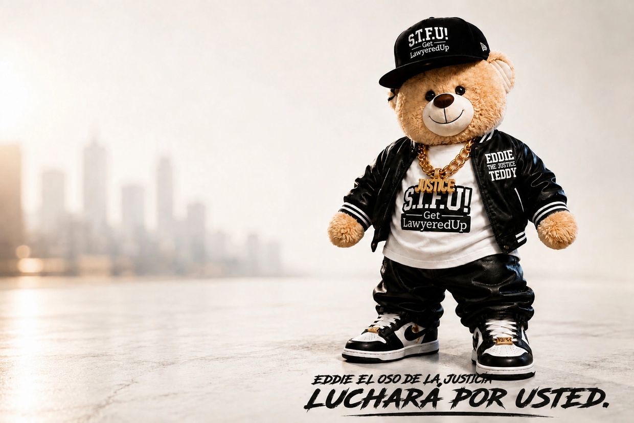 Oso de peluche con estilo urbano y mensaje de justicia.