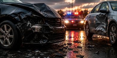 Damaged cars after an accident with police lights in the background.