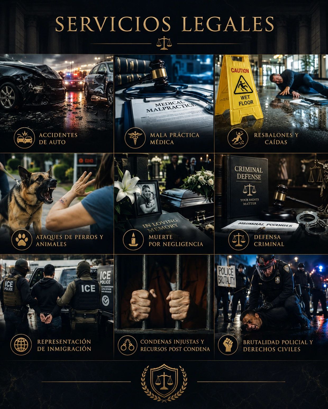Legal services advertisement in Spanish with related images.