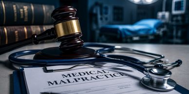 Gavel and stethoscope on medical malpractice papers.