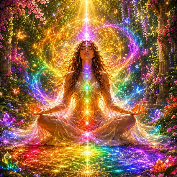 A woman meditates surrounded by vibrant, colorful energy and glowing chakras in a mystical garden.