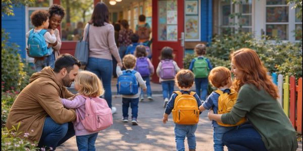 Parents dropping children with backpacks at school.