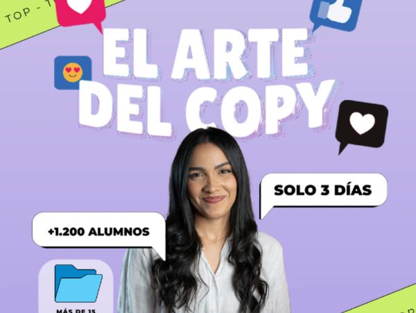 Promotional image for a copywriting course with a smiling woman and social media icons.