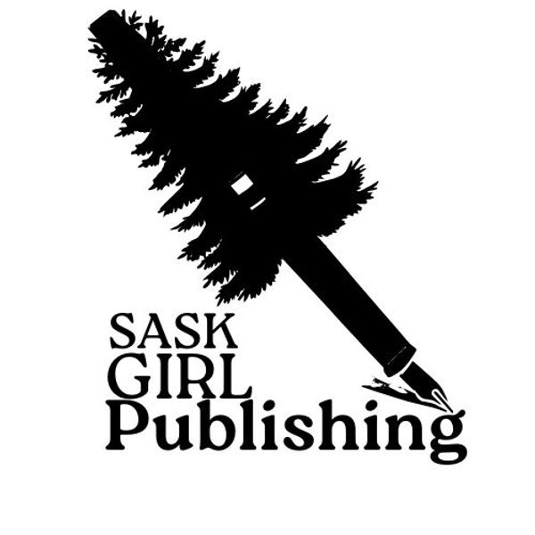 Square logo with a pen that is a pine tree and the words "Sask Girl Publishing"