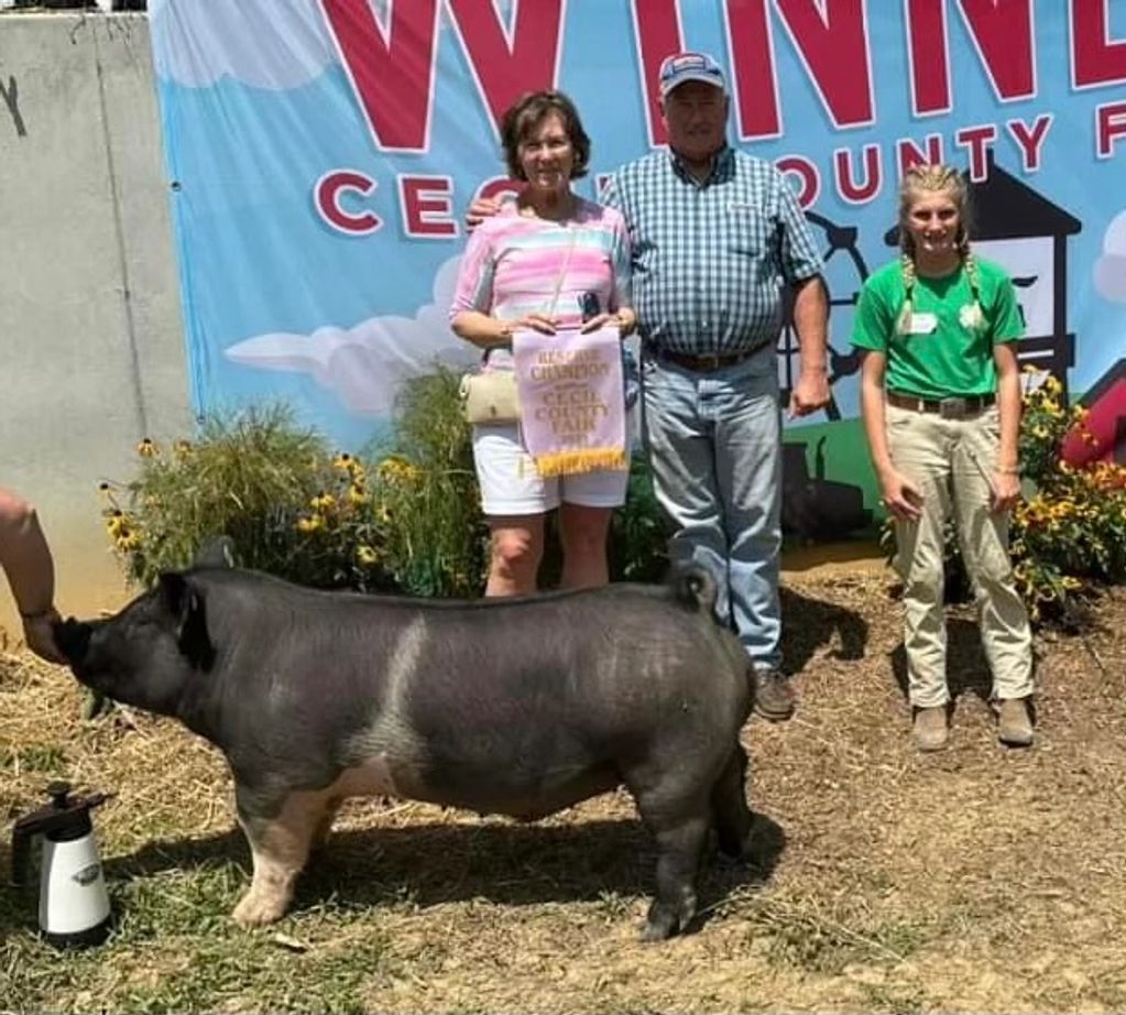Family posing with a prize-winning pig at a county fair.