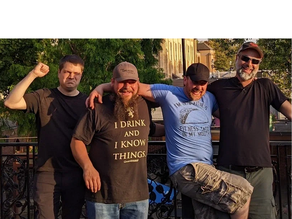 Group picture of the Walkman Effect acting goofy.  From left to Right: Mark, Bros, Jason  and Josh