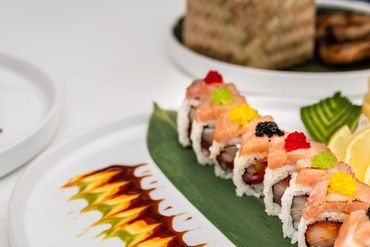 Close up shot of decorated food on a table