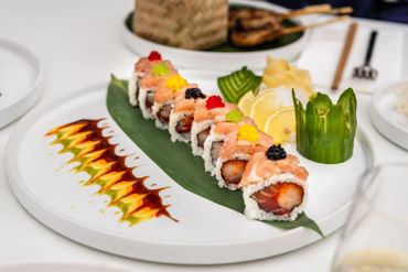 Close up shot of decorated food on a table