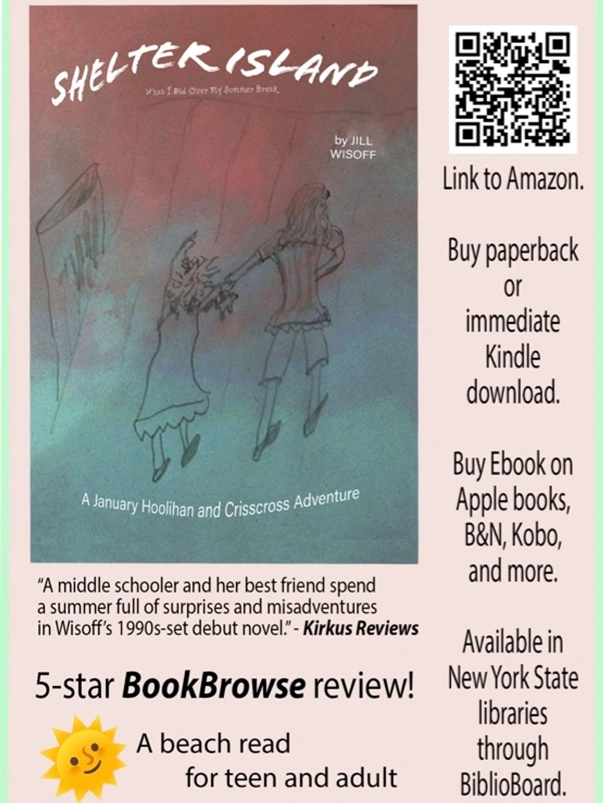 Book cover and advertisement for 'Shelter Island' by Jill Wisoff with purchasing info and reviews.