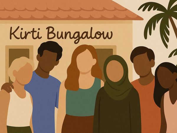 Diverse group of people standing together outside a bungalow with palm trees.