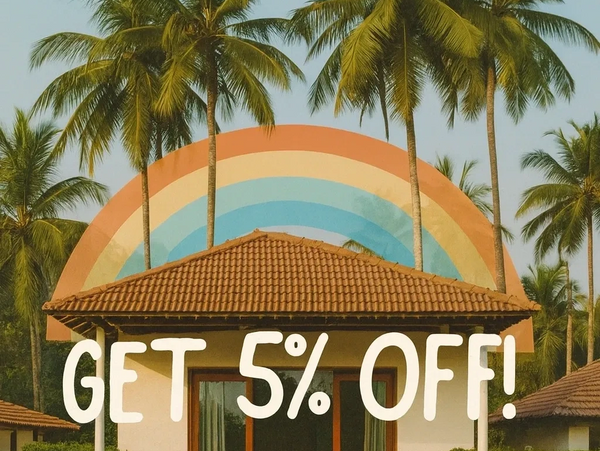 Cozy tropical bungalow with a colorful rainbow backdrop and 5% discount offer.