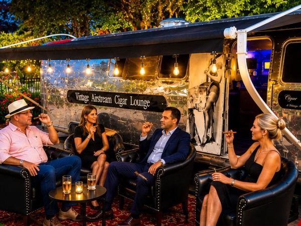 Four people enjoying cigars and drinks at a vintage Airstream cigar lounge.