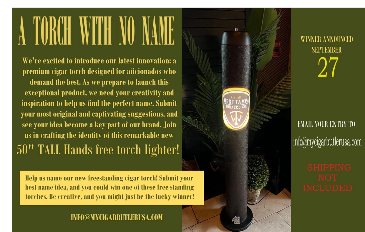 Hands-free design cigar lighter stands 50" tall with custom backlit options.