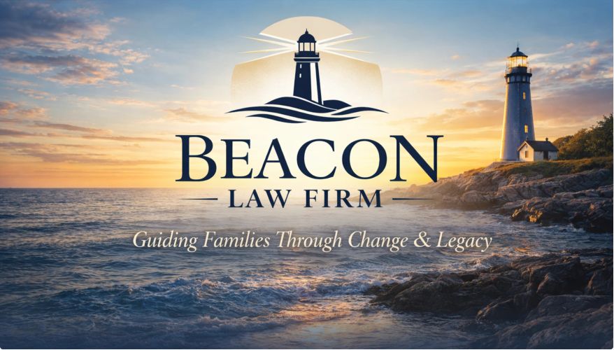 Beacon Law Firm logo with lighthouse at sunset over ocean waves.