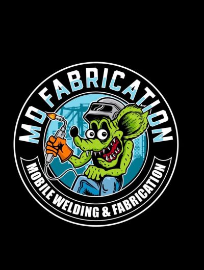 Cartoon rat holding a welding torch in MD Fabrication logo.